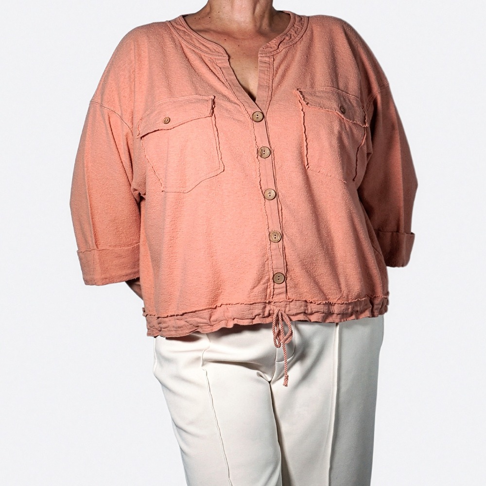 Free People Coral Sand Linen Drawstring Shirt Eliza Button Down Top XL 1X 2X XXL